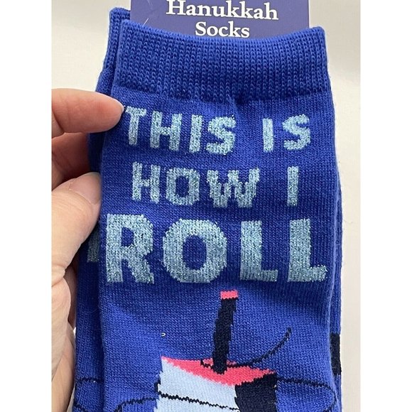 Happy Hanukkah Adult Crew Socks Dreidel Jewish Holiday Gift size 4 10 How I roll - Picture 2 of 4
